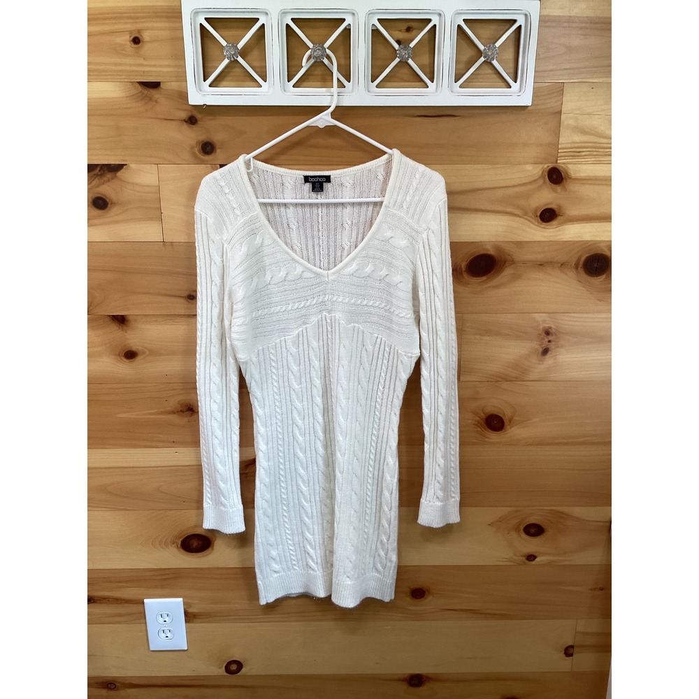 Boohoo Women Cream Cable Knit V-Neck Long Sleeve Sweater Dress Size 4